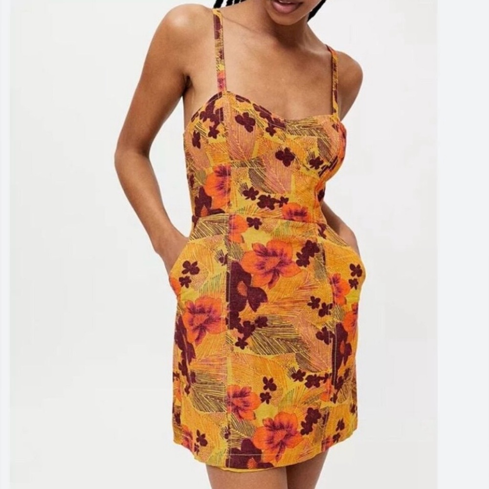 Urban Outfitters Boho Retro Floral Sundress Bright Tropical Print Orange Large